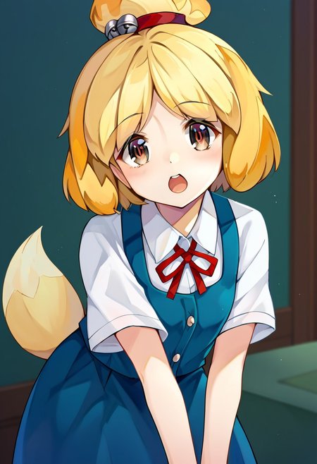 score_9, score_8, score_7, source_anime, shizue isabelle, white shirt, ribbon, red ribbon, jingle bell, open mouth, collared shirt, neck ribbon, blue skirt