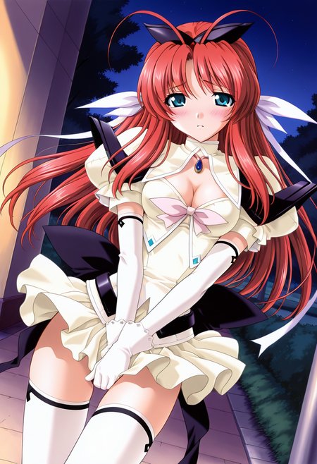 masterpiece,best quality,amazing quality, 1girl, c tear, long hair, red hair, antenna hair, aqua eyes, hair ribbon, hair bow, ribbon, dress, cleavage cutout, white underbust, black armor, white elbow gloves, blue brooch, pink bowtie, white thighhighs, outdoors, night, looking at viewer, dutch angle,  blush,<lora:Princess_Tear_ILLUS_c-000009:0.9>