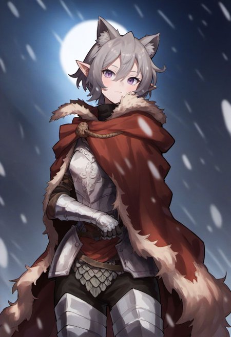 score_9, score_8_up, score_7_up, score_6_up, 
ekrea jan style, 1girl, solo, looking at viewer, short hair, animal ears, hair between eyes, purple eyes, grey hair, pointy ears, cape, armor, gauntlets, cloak, breastplate, snowing, greaves, chainmail,
<lora:ekrea_jan_style_v1:0.8>,
<lora:fix_hands:1.5>,