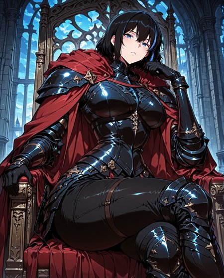 <lora:Cheon_Soyeon__The_Knight_King_Who_Returned_with_a_God__Illustrious:1>
1 girl, solo, black hair, short hair, loose hair, blue hair streak, multicolored hair, streaked hair, bangs, hair between eyes, blue eyes, large breasts
black armored boots, black armored armor, black corset, red cape, gauntlets, black gloves, black pants
zPDXL3, score_9_up, score_8_up, score_7_up, (Anime_source),Masterpiece,(perfect female body:1.2), small waist,(incredibly detailed:1.4), slim, beautiful fingers, thick thighs, parted lips, looking at viewer, sitting on throne, crossed legs, castle room background,  <lora:iLLMythG0thicL1nes:1>