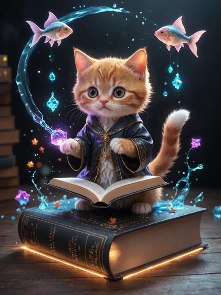 amazing quality, masterpiece, best quality, hyper detailed, ultra detailed, UHD, perfect anatomy, magic world, (kitten and fish:1.4), fish in the air, spell magic to get fresh fish as food,( fish jumping from magic book:1.3), energy flow, a full body of a cute kitten, kawaii, wearing witches robe, witches hat, holding magic book, magic book on one hand, spell magic, <lora:add-detail-xl:1.0>, extremely detailed, <lora:glowneon_xl_v1:0.75> glowneon, glowing
