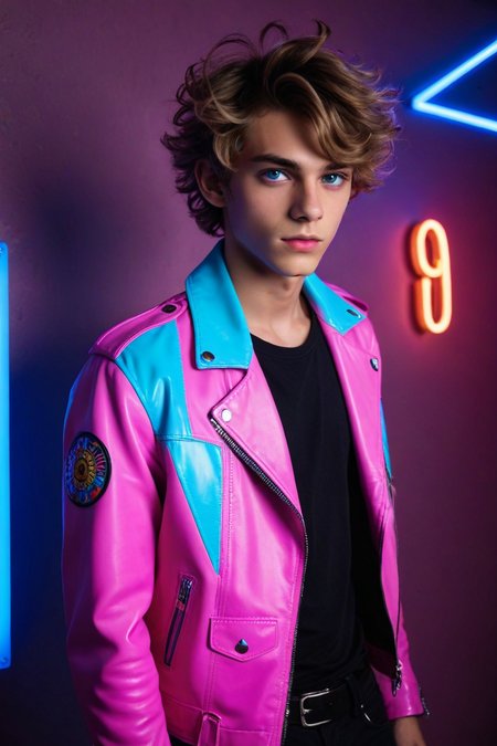 19yo (psychedelic dreamland:1.4) skinny male model twink (candyland:1.4), pink, wild hair, smooth, open leather jacket, slim waist, (neon lighting:1.1), light-blue-eyes, (Chiaroscuro, Filmgrain, Cinematic LUT), <lora:sdxl_lightning_8step_lora:1>