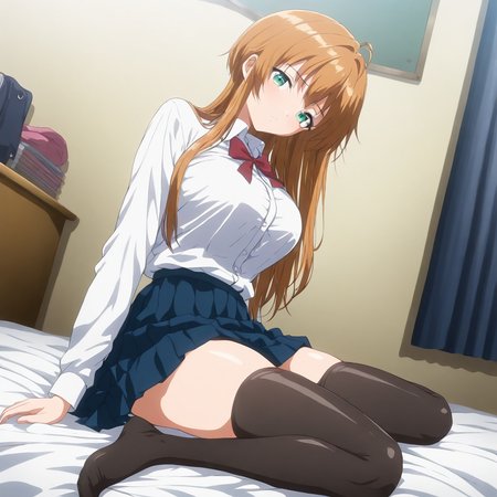 masterpiece,high score,great score,absurdres,looking at viewer,1girl,solo,school_uniform,skirt,thighhighs,<lora:Misaki_Hold ag4o v1:1> misaki_hold, brown hair, long hair, green eyes,