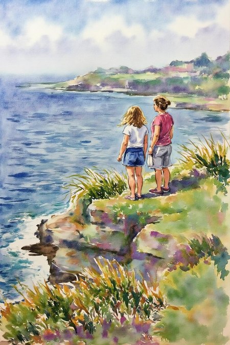 watercolor helenmcnicoll2.
A coastal bay scene. On the right, two women stand on a windswept, sunlit cliff overlooking the bay. The woman on the left is slightly taller and looking out at the ocean. 
 <lora:watercolor1_nbm_cap_d6a3e12:1.0><lora:838704742646593427:0>
