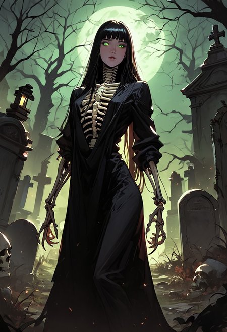 masterpiece, best quality, highly detailed, ultra-realistic, score_9, score_8_up, score_7_up, score_6_up, source_cartoon,
BREAK
1girl, solo, necromancer, long black hair, glowing green eyes, massive curvaceous figure, wearing a tattered robe that clings to her body, standing in a graveyard, (focus on her expression: dark, commanding), (background: tombstones, swirling mist, skeletal hands emerging from the ground), (atmosphere: eerie, with a heavy sense of death and desire)