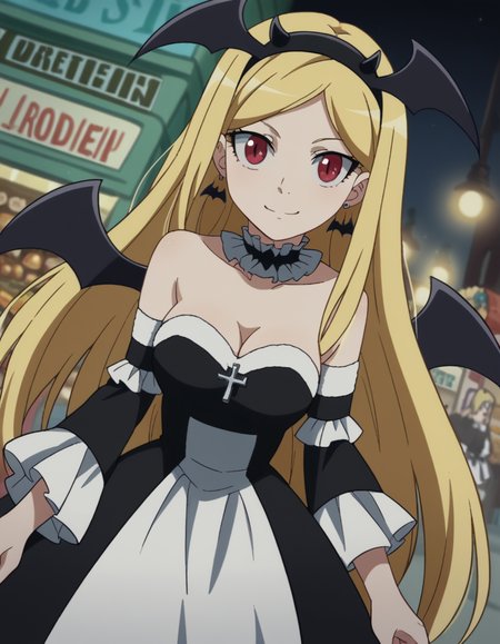 score_9, score_8_up, score_7_up, source_anime, <lora:elizabeth-greenhough-smith-s1-ponyxl-lora-nochekaiser:1>, elizabeth greenhough smith, long hair, blonde hair, red eyes, very long hair, hairband, parted bangs, black hairband, medium breasts,, dress, cleavage, bare shoulders, jewelry, earrings, frills, detached sleeves, wings, choker, black dress, parted bangs, bat wings, cross, black hairband, head wings, gothic,, street market, vendor, street food, bustling crowd, local flavor, vibrant, , smile, looking at viewer, solo,, dutch angle, cowboy shot