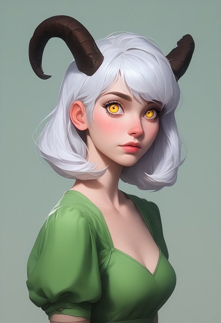 score_9, score_8_up, score_7_up, BREAK beautyfull color, aesthetic, 2d, Casgas, BREAK 1girl, solo, twisted ram's horns, freckles, white hair, long bangs, golden eyes, vertical pupils, pale skin, green dress, BREAK dramatic lighting, medium shot, half-sidways view
