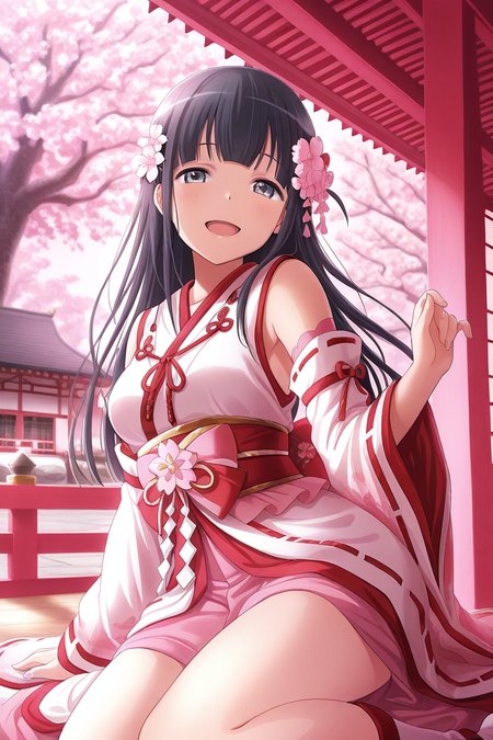 masterpiece, best quality, amazing quality,
 <lora:Mahiru_IL:1> mahiru, 1girl, hair ornament, solo, long hair, cherry blossoms, flower, hair flower, detached sleeves, japanese clothes, smile, black hair, open mouth, looking at viewer, east asian architecture, tree