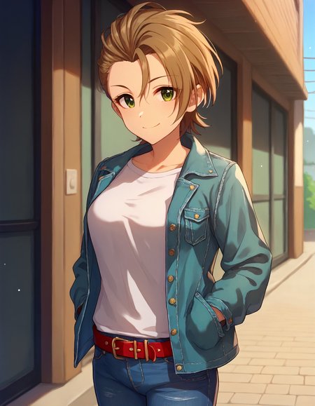 score_9,score_8_up,score_7_up,1girl,solo,cowboy shot,looking at viewer,smile,closed mouth,hands in pockets,outdoors,
<lora:kimuranatsuki_ponyXLV6:0.8>,cgknt,
brown hair,fauxhawk,green eyes,
white T-shirt,cyan jacket,red belt,jeans