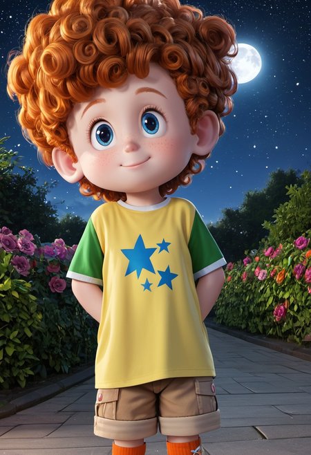 (masterpiece:1.5), 8k, best quality, ultra-detailed, (high res), cinematic lighting, beautiful lighting, high quality, studio quality, detailed, insanely detailed, extreme detail, refined detail, perfect detail, max detail, smooth lighting, detailed background, hyper detailed body, beautiful lighting, vibrant lighting, global illumination, absurdres, high-res, dynamic lighting, score_9, score_8_up, score_7_up, ponypositive, 1girl, solo, solo focus, looking at viewer, (narrow waist, skinny, small body, slim), (outdoors, floral garden), bright lighting, daylight, sunshine, cute, kawaii, (closed mouth), happy, ((standing)), alone, gleaming eyes, large eyes, ((cowboy shot)), (hands at the sides), (rating_safe, sfw), source anime, <lora:xl_more_art-full_v1:0.8> , PonyXLV6_Scores, unity 8k wallpaper, perfect anatomy, <lora:PerfectEyesXL:1> , perfect eyes, <lora:hand 5.5:1> , perfect hands, detailed hands, Dennis, Orange Hair, Curly Hair, Blue Eyes, Freckles, Brown shorts, cargo shorts, yellow shirt, green sleeves, short sleeves, chibi, short stature, orange socks, blue sneakers, night, starry skies, moonlight, large Moon,