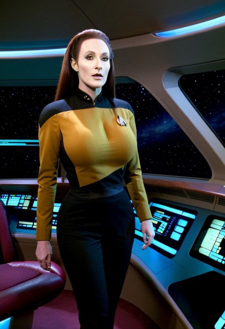 Star Trek TNG, TV Still, sexy female Data wearing a yellow starfleet uniform, solo focus, full body, long hair, large breasts, big boobs, huge tits,  insane big tits, genderswap, gender bender, <lora:StarTrekTNG-v7:1>
BREAK
on the Enterprise, ,on the Main Bridge, Star Trek TNG, TV still, 4K
BREAK
verybadimagenegative_v1.3, CyberRealistic_Negative, EasyNegativeV2