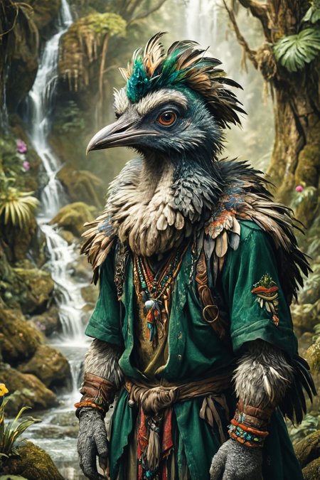 Detailed digital portrait of an anthro Emu at a Hidden waterfall within mystical forest, <lora:xl_more_art-full_v1:0.5>,  <lora:The_Crazy_Style:0.7> <lora:anthro_muscular:0.7>