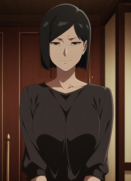 1girl,solo,mm,mature female,black hair,short hair,black eyes,bob cut,anime coloring,
shirt,upper body, looking at viewer, smile,indoors
,masterpiece,best quality,amazing quality,<lora:Izumi_Ishida-Bleach_Sennen_Kessen-hen-000004:0.8>