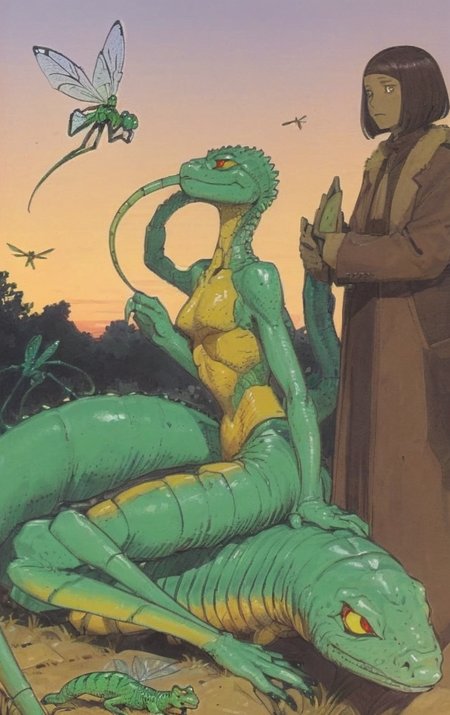 artwork <lora:Moebius:1>, outdoor at dusk, a group people do a forgive, town, biome,reptilian eyes,dragonfly