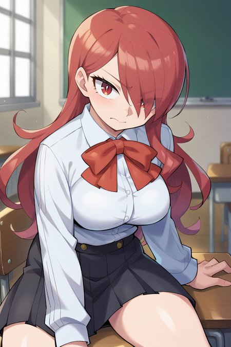 score_9, score_8_up, score_7_up, BREAK, <lora:sunafukitabito-guy-PONYv1:1>, 1girl, solo, breasts,  <lora:persona3_kirijou_ponyXL:0.9> kirijodef, hair over one eye, gekkoukan high school uniform, white shirt, long sleeves, red bow, black skirt, indoors, school