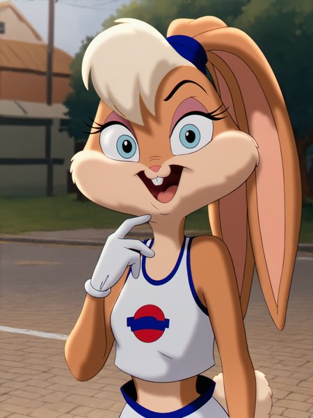 lolabunny, 1girl, solo, furry female, rabbit ears, rabbit girl, animal nose, crop top, sleeveless,white shorts, buck teeth,upper body,smile,open mouth,  blue eyes, body fur, standing, tail ,looking at viewer, outdoors, score_9, score_8_up, score_7_up, score_6_up, score_5_up, score_4_up <lora:LolaBunnyPony1.1:0.85>
