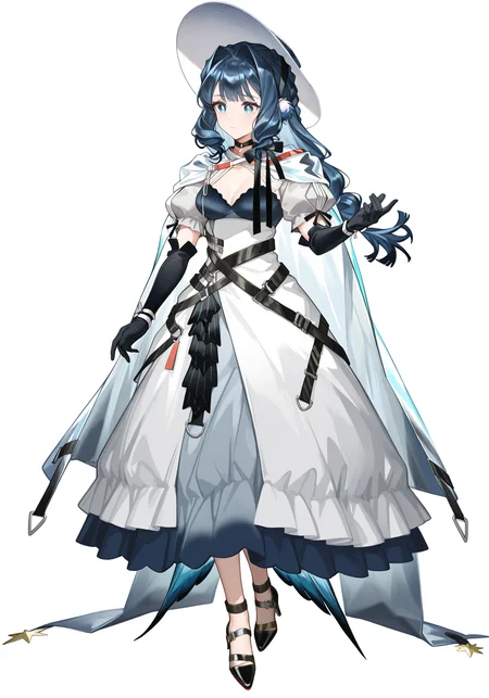 white background,simple background,arknightsgame,masterpiece,best quality,amazing quality,very aesthetic,high resolution,ultra-detailed,absurdres,
1girl,solo,Astesia,blue eyes,white pupil,bird tail,long hair,blue hair,bird girl,medium breasts,
astesia_\(starseeker\)_\(arknights\),multicolored dress,black strappy heels,black elbow gloves,black neck ribbon,wrist straps,white headwear,white cape,
full body,standing,
<lora:AstesiaILREV1.0-000003:1>,<lora:ArknightsGameStyleILV1:0.8>,