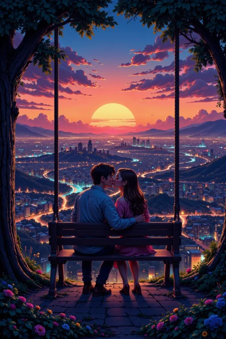 a romantic kiss on a swing overlooking a city beautiful  landscape, dusk, woman, very intricate, very detailed, sharp, bright, colorful, <lora:Hand v2:0.5> <lora:Anti-Blur:1><lora:Insane Detail Slider:0.25>  <lora:flux.1_lora_flyway_Epic-detail_v2:0.3> <lora:fluxenhancer:0.25> <lora:ck-Neon-Retrowave:0.4> ck-rw, in the style of ck-rw,  <lora:Neurocore Anime Cyberpunk:0.8> A digital artwork in the style of cknc