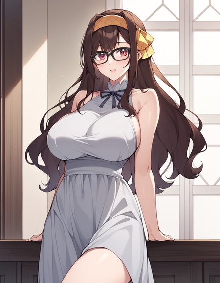 score_9, score_8_up, score_7_up, source_anime, uncensored, <lora:StS_detail_slider_v1:3>, zPDXLxxx, <lora:Yona_Ichogi_PONYXL_VexVexX:1>, YonaIchogi, red eyes, brown hair, long hair, ribbon, hair ribbon, hairband, glasses, black-framed eyewear, medium-large breasts, dress, grey dress, bare shoulders, cowboy shot, bedroom, from back, Stand tall with one leg slightly bent and lean slightly backward, arms gracefully extended, thighs, looking at view