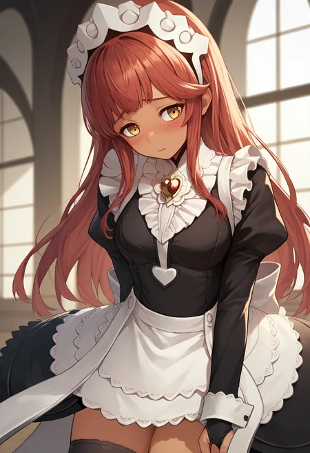 score_9, score_8_up, score_7_up, source_anime BREAK 1girl, solo, <lora:volume-nikke-richy-v1_pdxl:1> volume, yellow eyes, red hair, long hair, bangs, <lora:fatesmaid-fe-richy-v1_pdxl:0.8> fates maid, maid headdress, black thighhighs, maid apron, yellow brooch, blush, shy, tan