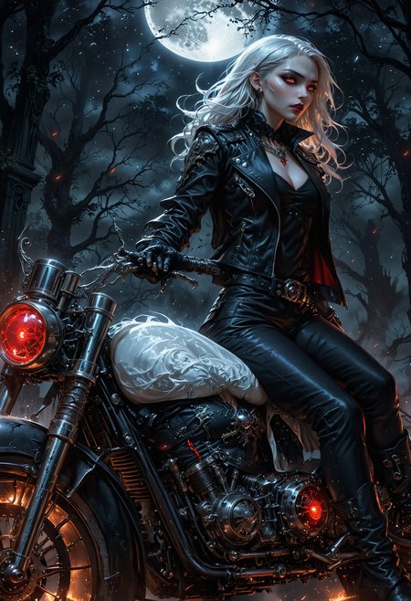 A portrait of a couple: A porcelain-skinned vampire woman with flowing, snow-white hair cascading down her back, piercing red eyes that seem to glow in the dark, and full, crimson lips that curve into a smirk, wears a black, worn leather jacket with silver studs, matching gloves, and rugged, knee-high boots, as she sits astride a sleek together with a pale vampire man with porcelain-like fair skin, short, spiky black hair, and piercing red eyes that seem to glow in the dark, wearing a black leather jacket with silver buckles, a crisp white dress shirt with a starched pastor's collar, and dark jeans, showcasing a medley of intricate tattoos on his arms and multiple piercings on his face and ears, midnight-black motorcycle, its engine gleaming in the moon's silvery light, with a gleaming, silver-tipped sword strapped to her back, the blade's intricately etched scabbard adorned with mysterious, medieval-style engravings, set against a backdrop of a misty, moonlit night, with dark, towering trees looming in the distance, their branches like skeletal fingers reaching towards the sky, the air thick with an aura of mystery and danger, as the vampire's gaze seems to pierce through the darkness, her eyes fixed on some unknown, distant point, her very presence exuding an air of rebellious, untamed power and sitting astride a sleek   <lora:SDXLFaeTastic2400:0.4>
<lora:Vivid Midjourney mimic - XL SDXL v2.0:0.5>  <lora:detailed_notrigger:0.6> <lora:zavy-cntrst-sdxl:0.7>