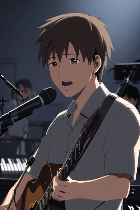 high resolution, solo, best quality, 1Boy, Takaki Toono, Brownish Hair, Brown Eyes, singing, portraits, dept of field, virtual concert, playing musical instrument, OverallDetail