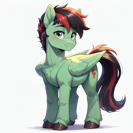score_9, score_8_up, score_7_up, score_6_up, score_5_up, pony, solo, from my little pony, g4, (anatomically correct), cutie mark, (((pony, feral pony))), detailed, 1 male, 1 stallion, pony, beautiful, adorasexy, chest fluff, fluffy, ear fluff, by dvixie, full body image, facing away from camera image,
white background, no background,
(green body), green eyes, short black mane with red streak, stallion, male, pegasus, 
standing, facing away, looking at you, happy, folded wings, close up face