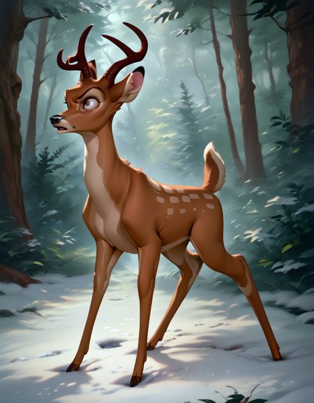 score_9, score_8_up, score_7_up, score_6_up,
bambi, adult, horns, deer, solo, ((Four legs,)) hyperdetailed, detailed fur, forest, full body, snow, angry,
<lora:add-detail-xl:0.8><lora:Bambi:1>  <lora:Furry Enhancer 6.1:2>
