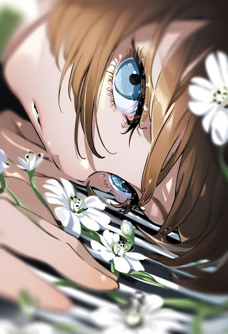 solo, 1girl, flower, blurry, eyelashes, parted lips, close-up, white flower, depth of field, lying, looking at viewer, brown hair, short hair, bangs, blue eyes <lora:yoneyamaiXL_NBVP1_lokr_V6311P:0.95>