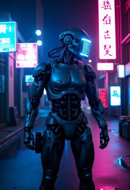 HyperCinemaNEON The image is an ultra-detailed photograph of a cybernetic mercenary standing in a neon-drenched alley. Their armored exoskeleton gleams under flickering holographic signs, with exposed wiring pulsing blue light. A scar runs across their cheek, partially covered by a high-tech visor displaying scrolling data. The reflection of rain-slick pavement adds a cinematic depth, as if paused mid-mission.