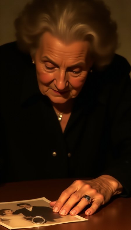 <lora:emberoth:1>, An elderly woman wearing a black blouse and a single wedding ring on her finger; A man's wedding ring lies on the table in front of her in front of an old wedding photo; her eyes filled with quiet sorrow, close-up shot, soft warm light, delicate details on her wrinkled hands, 3mb3rot