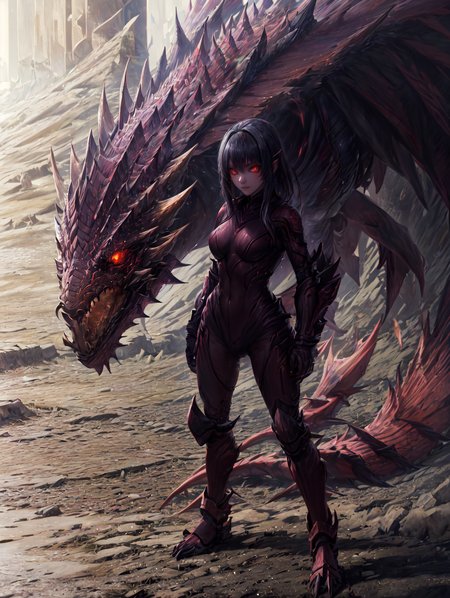 a 30yo woman, detailed face, looking at viewer, (full body shot:1.4), hdr, 8k, detailed red eyes, standing, black armor <lora:more_details:0.5>,  <lora:Loraeyes_V1:0.4> loraeyes,  <lora:Bright_Eyes:0.4> AGGA_ST002, bright pupils,  <lora:Dragons v1:1> dragon, chiaroscuro lighting