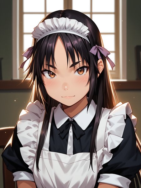 (upper body, solo focus:1.2) <lora:happy_tentacle-hinata-v0.1-000060:1>, ht_hinata, black hair, brown eyes, very long hair, maid, maid headdress, apron (petite:1.2), <lora:Shed_The_Skin's StS_age_slider_v1_initial_release:-1.1> ( :1.1) ( , , ( :1.2) , , (looking at viewer:0.6) :1.2) , indoors, ((night, night sky :0.6), :0.8), ( window :0.9), (furniture:0.9), , , , people , ( :0.9) ( :0.8) score_9, score_8_up, score_7_up, score_6_up, score_5_up, score_4_up, ( [(realistic, photorealistic:1.3):(realistic:1.2):16] [(3d:1.2)::14] :1) <lora:LUUNA's Lunas-NijiJourney-SDXL-B2:0.35>, nijijourney <lora:prgfrg23's Counterfeit-V3.0 Style SDXL_LoRA_Pony Diffusion V6 XL:0.5> <lora:mfcg's mfcgXL:0.12> <lora:reweik's gyokai(himehajime)_PonyXL_style_v01:0.14>