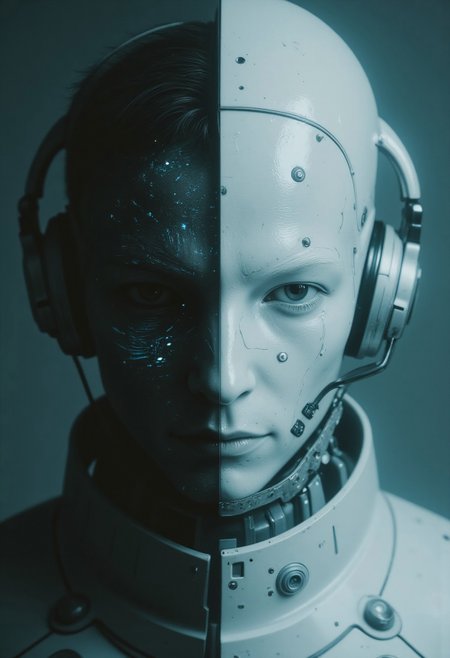A hyper-realistic, unsettling close-up portrait fusing two enigmatic figures into a single, otherworldly being. The spectral, all-knowing cyborg emerges with a smooth, glowing surface of advanced technology, its face featureless yet alive with intricate digital patterns. Electric blue lines pulse across its surface, shifting and morphing like a living neural network, suggesting an existence within a vast interconnected web. Hollow eyes radiate an eerie, ethereal quality, as if seeing beyond the physical realm, and glowing circuits blend seamlessly into its surroundings, a deep gradient from white to pale blue filled with subtle digital glitches hinting at higher intelligence.

From the shadows of this cybernetic form, the rugged presence of a slightly muscular man emerges as a faint duality. His unkempt hair falls like strands of static across the glowing face, revealing one piercing eye that gleams with intensity. A sly, mischievous grin hints at a dangerous charisma, contrasting with the pastel-colored T-shirt and oversized vintage black headphones resting heavily against the figure’s sleek, technological frame. The pale monitor glow casts an eerie light over both organic and digital textures, blending the rugged and the spectral into a single captivating, otherworldly presence. The result is an unnerving harmony of man and machine, a haunting observer that feels alive yet unreachably distant.