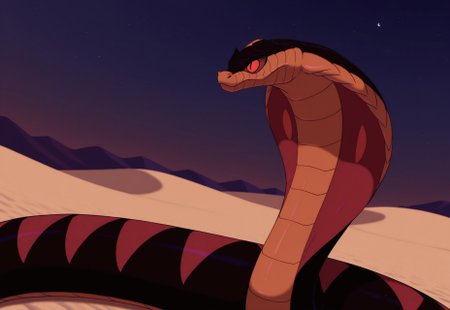 8k, uncensored, masterpiece, best quality, highly detailed, realistic, 1boy, solo, furry, feral, scalie, snake, cobra, reptile, snake hood, dark-orange body, dark-orange scales, black body, black scales, two tone body, two tone scales, (smile), desert, sand, night sky, detailed background, long body, (side view, looking up, red sclera, black eyes, slit pupils, looking up) red body markings