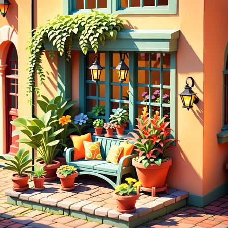 ispzxll, no humans, plant, scenery, potted plant, chair, flower pot, window, lantern, flower, isometric, miniature, diorama