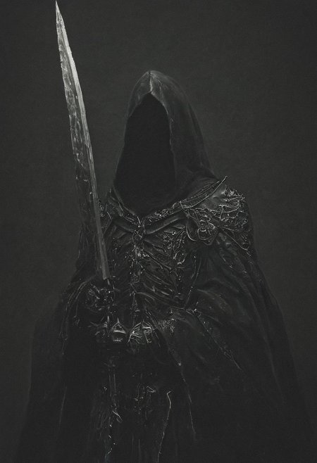grim reaper standing in the deepest part of the abyss, smiling with sharp fangs, glistening silk cloak of black, detailed intricate amazing armor made of bone, death scythe in one hand, extremely detailed, Cinematic Lighting, Movie Still, ais-darkpartz