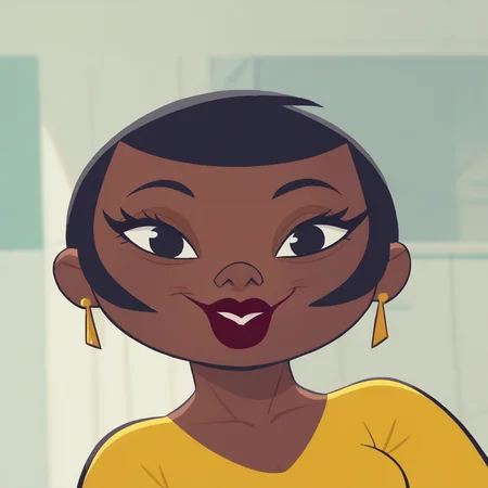 score_9_up, score_8_up, BREAK, ChristineBluestone, 1girl, solo, black hair, short hair, black eyes, dark skin, lipstick, earrings, yellow dress, upper body,  <lora:ChristineBluestone_PXL_Leaf1:1>, looking at viewer,