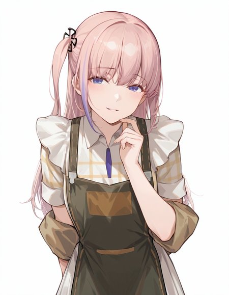 Volumetric Lighting, (masterpiece), (best quality), (ultra-detailed), masterpiece, source_anime, score_9, score_8_up, score_7_up BREAK, illustration, disheveled hair, detailed eyes, perfect composition, moist skin, intricate details, detailed eyes, detailed face, detailed fingers BREAK, blue eyes, pink hair, one side up,streaked hair,long hair BREAK, OwlLatte, OwL_shirt,OwL_off-shoulder_jacket, OwL_apron, AR15_hair_ornament, OwL_skirt, BREAK, ((white background)), looking at viewer, smile, ((hand up)), parted lips,standing, from side