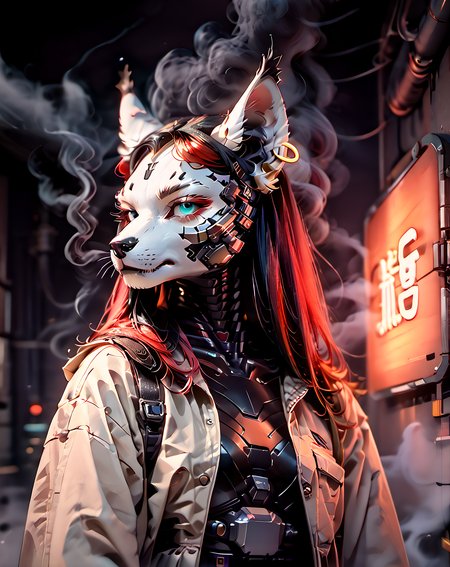 score_9, epic-Ultra-HD-details, epic-Ultra-HD-highlights, photo-same-realistic upscaled-resolution, source_pony, ultra-realistic, photo-quality, furry-characteristics, source_furry, 1girl, female, solo, miyu, furry, space  pilot suit, ,beige trench coat,  serious,  looking at you, walking, side view, raining, noir film, neon lights,  43stl1ght1ng,  low light, darkness, dramatic lighting, eye lighting, black room:1.2, smoke, <lora:43stl1ght1ngXLP2:1>  <lora:Miyu_Swift_v2:.8>, Vintage, 1990s \(style\),  <lora:OldAnimeStyle_XL_v3:.6>,  cyberpunk,  science fiction, robot, mecha, mechanical parts, cyborg, spine, mechanical,  <lora:BioPunky:1>, ZPDXL