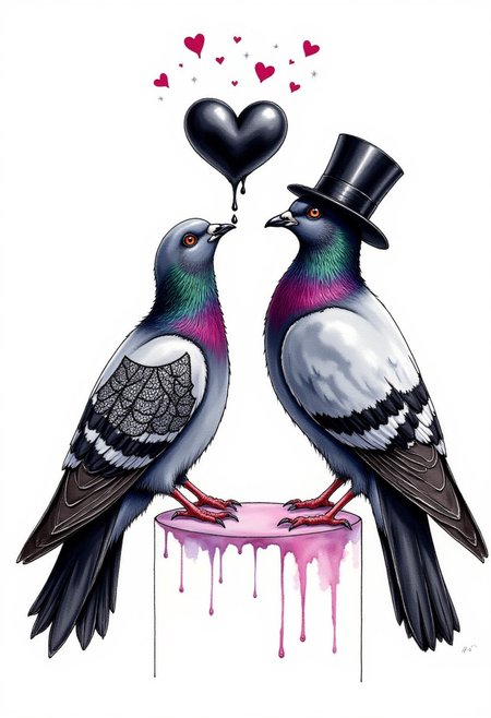 Deadly_Gothic_Valentine, DGValentine, Watercolorsketch style. A vibrant watercolor illustration featuring two dark grey pigeons with goth face paint and lace-like featheres on their wings and tail, touching the tips of their beaks, a melty black heart sign appears above them, one of the pigeons is wearing a tiny top hat
