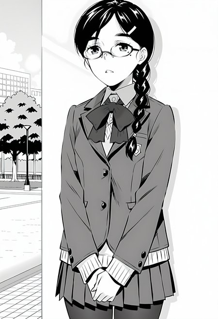 detailed face, masterpiece, best quality, greyscale, monochrome, <lora:Ayaka Tsutamori [Illustrious] Majime de Midara na Tsutamori-san:1>, 1girl, solo, AyakaTsutamori, braid, long hair, hair ornament, mole, glasses, hair over shoulder, school uniform, blazer collared shirt, bow, pleated skirt, pantyhose, park, outdoors, blue sky, standing, own hands together, parted lips, solo focus,