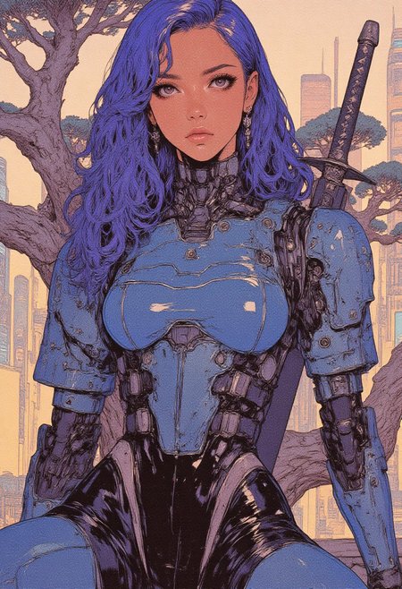 Hyperdetailed pencil drawing, manga style, futuristic female figure with deep bronze skin and intense violet eyes, long wavy indigo hair cascading down her back with fine strand detail, iridescent cobalt blue segmented armor on upper body rendered with precise crosshatching and shading to simulate sleek liquid-metal texture, embedded dark chrome fasteners and articulated buckles meticulously detailed, armor reflecting ambient light through subtle pencil gradients, large minimalist sword strapped at her side with matte black hilt and softly glowing cyan lines etched into sheath, background featuring finely detailed bonsai tree with intricate leaves and twisted branches, glass monoliths illuminated by glowing neon lights suggested through delicate shading and light contrasts, clean composition emphasizing strong lines and dynamic manga aesthetics, blending military precision with high-concept fashion illustration, sharp contrasts and layered textures enhancing depth and realism.