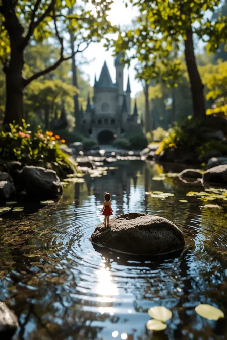 (beautiful fantasy landscape), photo, photography, Sigma 50 mm f/5.6,  sharp focus, no blur background, ((very detailed)), small rock, (water ripples) reflections, magic castle,  river (pond), elven fairies forest, ((elven fairies village)), stunning nature aquatic environment , enchanted land, (bright sunny sky), (high contrast), cinematic (lights), backlight, (shadows), lens flare, vibrant colors, colorful, [Kelly Green flowers] and leaves, (pretty), (beautiful), loving, <lora:no-blur:1 <lora:aidmaHyperrealismv0.3:0.8> aidmaHyperrealism