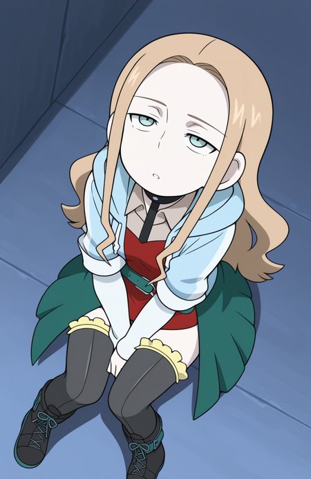 1girl, solo,
oleana \(pokemon\), pale skin, blonde hair,, blue open hoodie, hockey hoodie, long sleeves , hood down, brown collared shirt, thumb hole sleeves, long sleeves, green high-low skirt, yellow frilled thighhighs, aqua belt boots, from above, looking up, arms between legs, inquisitive expression,
 <lora:Mitsudomoe:0.9> mitsudomoe, extremely detailed, highres, masterpiece, best quality
