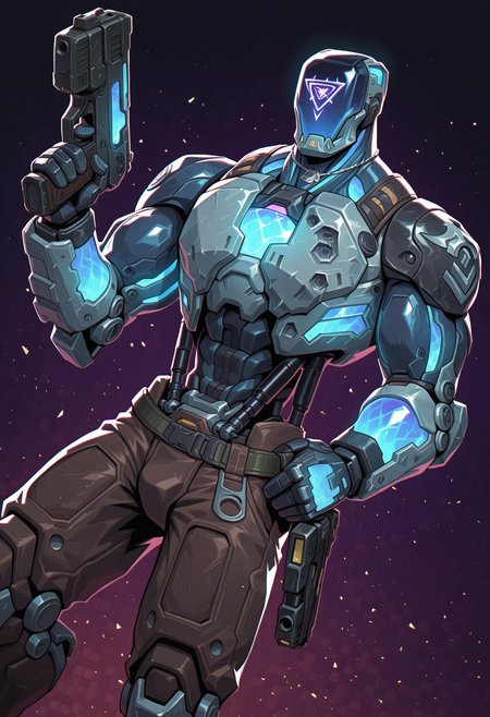 solo, dutch angle, abstract background, multicolored background, dynamic pose, male focus, k4y0, broad shoulders, glowing, holding weapon, gun, perfect anatomy, masterpiece, perfect quality, best quality, detailed, newest, very aesthetic
<lora:Illustrious\Characters\KAYO_Valorant_V1_ILXL:1.0>