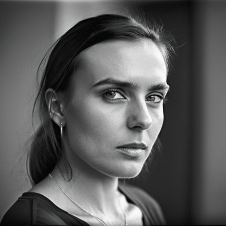 kiev80 A breathtaking, high-end black-and-white portrait of a 18-year-old woman, a vision of natural beauty and effortless elegance. Her face is the absolute focal point—her deep, expressive eyes radiate warmth and mystery, while her delicate features and flawless skin are illuminated by masterful chiaroscuro lighting. Every detail is captured with precision: the gentle curve of her lips, the soft glow on her cheekbones, and the way the light and shadow sculpt her face, creating a timeless, almost cinematic allure. Her expression is both captivating and inviting, evoking a sense of intimacy and admiration. The background is minimalist and softly blurred, ensuring undivided attention on her radiant presence. Inspired by the iconic works of Peter Lindbergh, Richard Avedon, and Helmut Newton, this portrait exudes sophistication, depth, and an irresistible charm that makes her unforgettable.