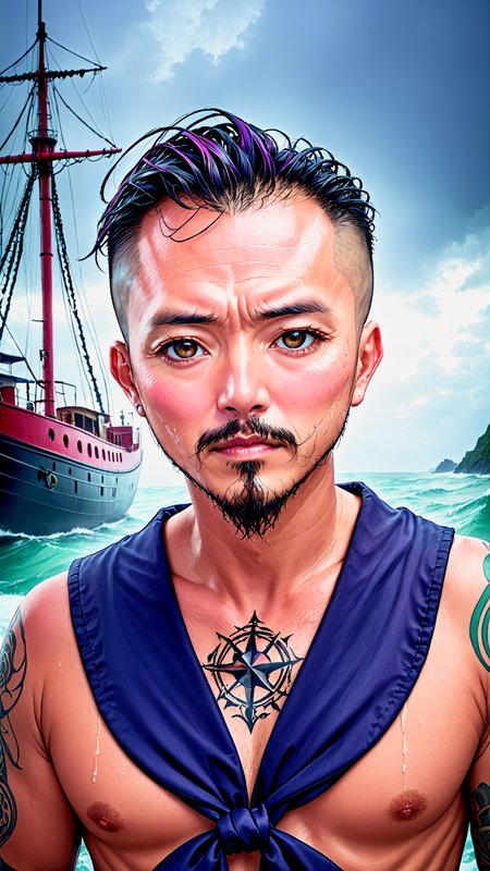 (Schizowave), <lora:Schizowave:1.5>, photo of a sailor, ultra realistic photo, 44 years old asian male, goatee, adorned with nautical tattoos and a rugged expression that tells tales of countless voyages, award winning realistic photograph by the world best portrait photographer, overcast day, vivid fantasy colors, nikon, award winning, breathtaking