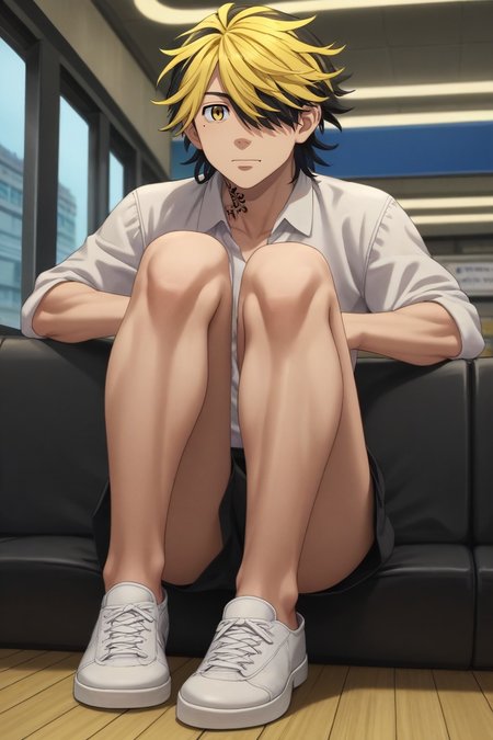 score_9, score_8_up, score_7_up, source_anime, rating_safe, intricate details, (realistic:0.6), looking at viewer, , 1boy, solo, male focus, <lora:kazutora_hanemiya_pony:0.86>, kazutora_hanemiya, blonde hair, yellow eyes, short hair, multicolored hair, two-tone hair, black hair, hair over one eye, bangs, , mole, mole under eye, wide angle, wide shot, full body, restaurant, dark, knees together feet apart, skin fang, , <lora:sdxl_lightning_8step_lora:1>