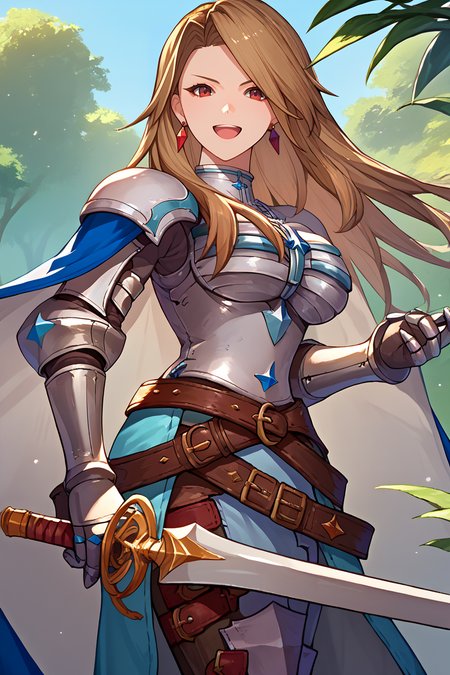 score_9, score_8_up, score_7_up, score_6_up, source_anime BREAK 1girl, solo   <lora:katalina-pdxl-nvwls-v1-000007:1> defKat, brown hair, long hair, earrings, armor, blue cape, belt, gauntlets, armored boots, boots, large breasts, serious, holding sword, open mouth, smile, forest, whole body, looking at you